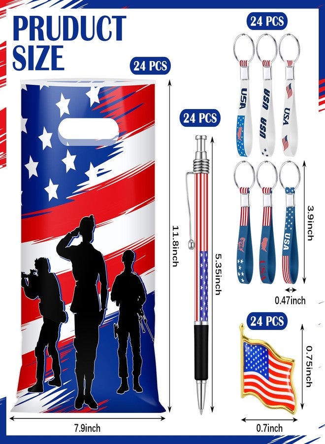 Supervitae 96 Pcs Patriotic Party Gifts Include 24 American Flag Gift Bags 24 USA Key Chains 24 American Flag Pens 24 USA Flags Brooches for Veterans Army Solider Supplies - Image 2